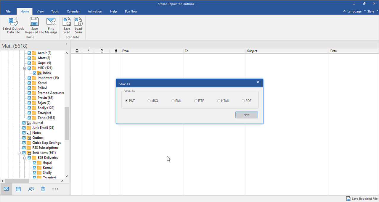 Choose the folder, press 'Save Repaired File' in 'File.' Choose 'PST' format, click 'Browse' to save the fixed file where you want